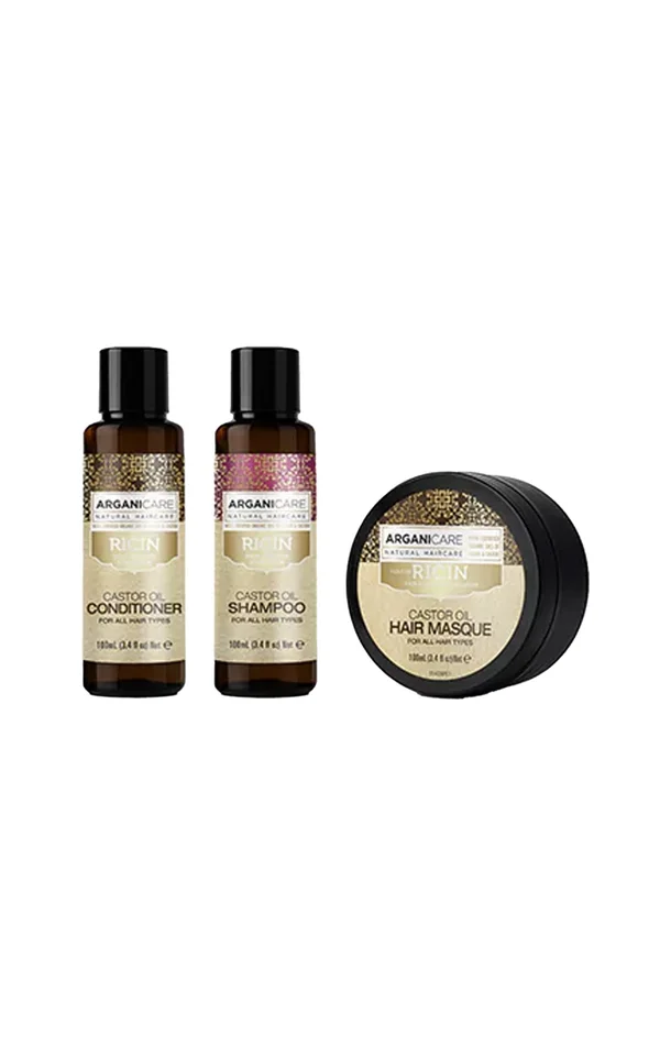 Routine format voyage – Huile de ricin bio – Cheveux – 3 produits