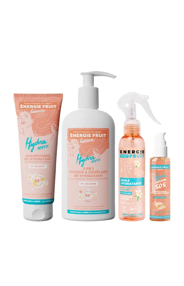 Routine hydratante – Monoï & huile de macadamia bio – Cheveux abîmés – 4 produits