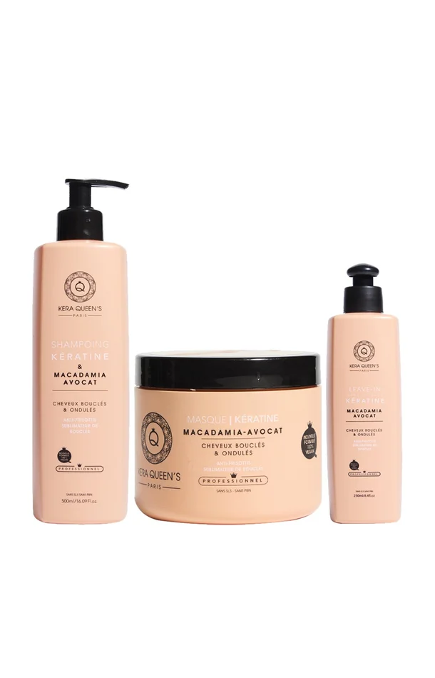 Routine réparatrice – Kératine, macadamia & avocat – Cheveux bouclés, secs & abîmés – 3 produits
