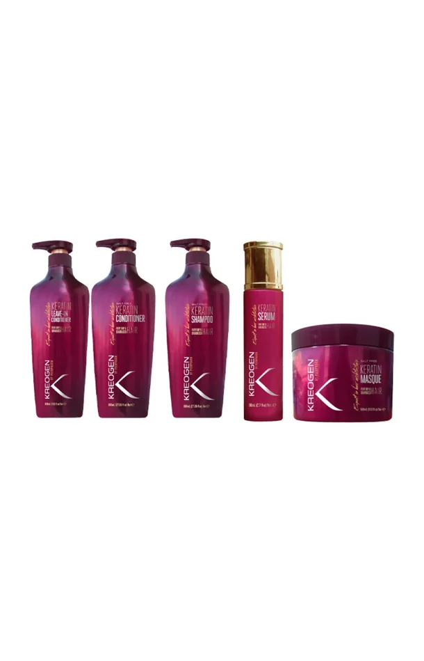 Routine réparatrice – Shampoing, après-shampoing, masque, crème de soin, & sérum – Kératine – Cheveux secs & abîmés