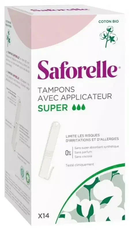 Saforelle 14 Tampons Super Avec Applicateur en Coton Bio