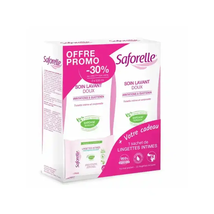 Saforelle soin lavant doux 2×500 ml + lingettes offertes