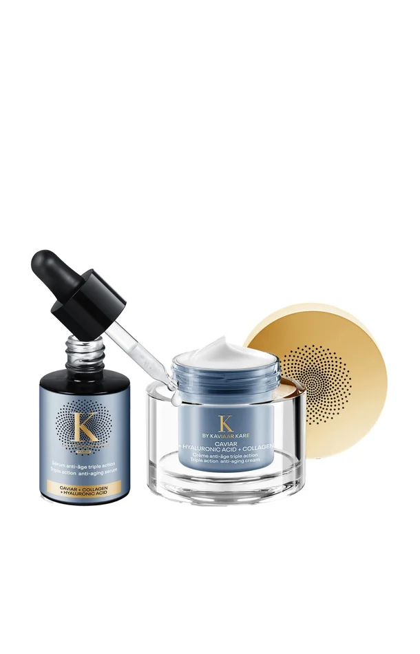 Sérum & crème anti-âge triple action – Caviar, acide hyaluronique & collagène – 2 produits