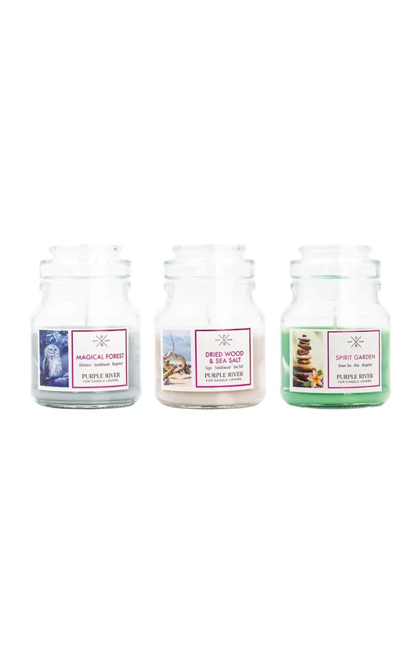 Set de bougies parfumées – Forêt magique, Bois séché & Spirit Garden – 3 x 113 g