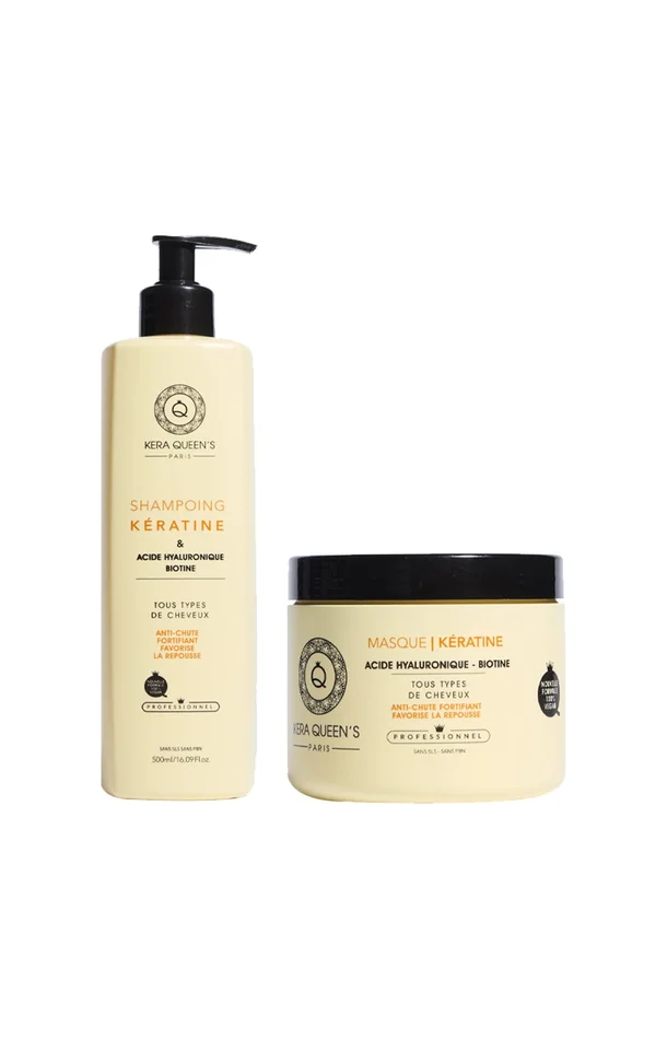 Shampoing & masque nourrissants – Kératine, acide hyaluronique & biotine – Cheveux secs ou cassants – 2 x 500 ml