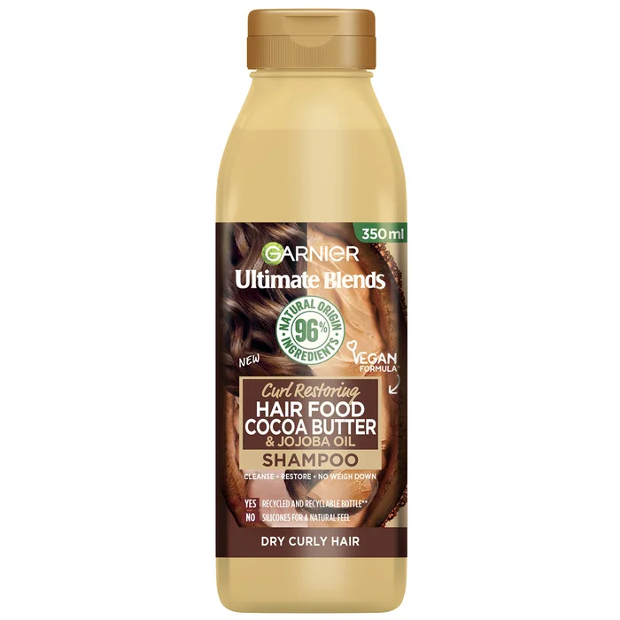Shampooing Ultimate Blends Garnier au beurre de cacao pour cheveux secs et bouclés 350 ml