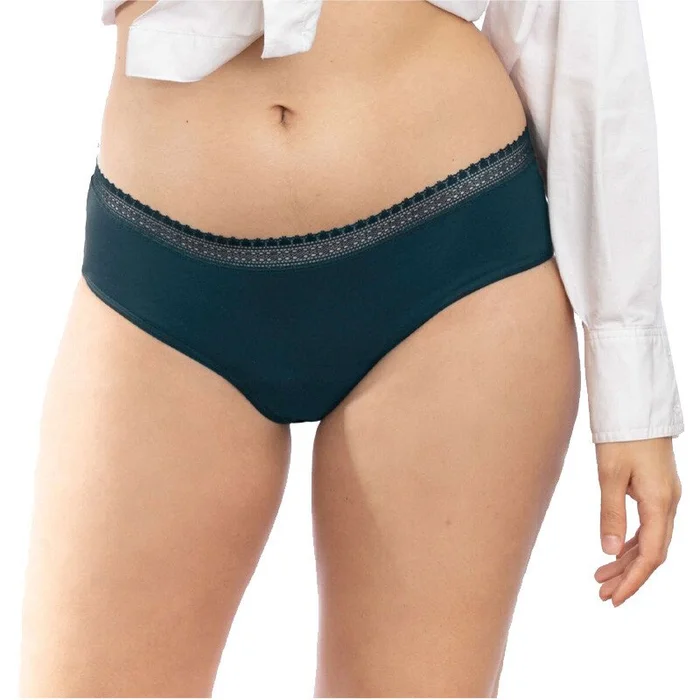 Shorty menstruel à dentelle – Coton bio – Flux moyens à abondants – Bleu