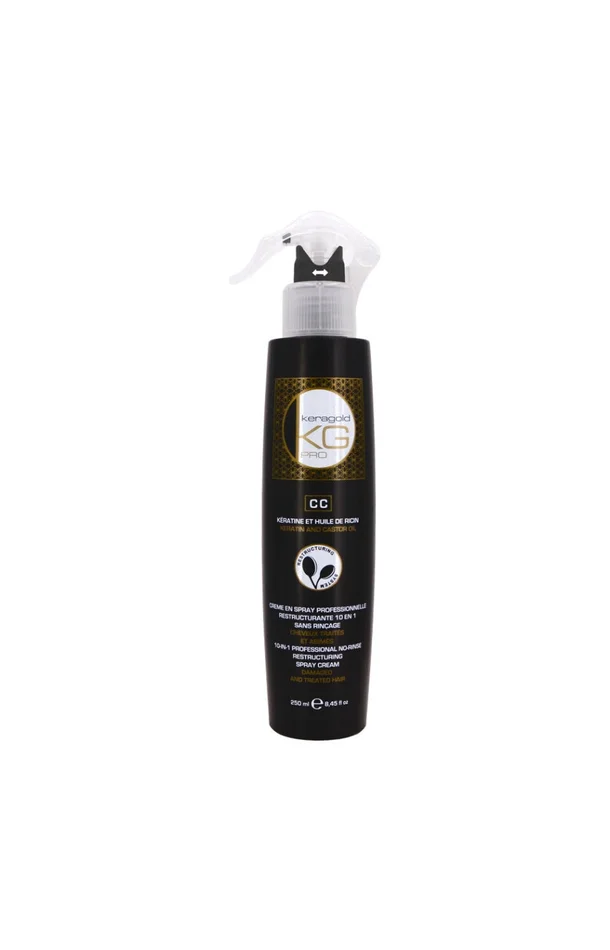 Spray 10-en-1 sans rinçage – Kératine & huile de ricin – Cheveux abîmés – 250 ml