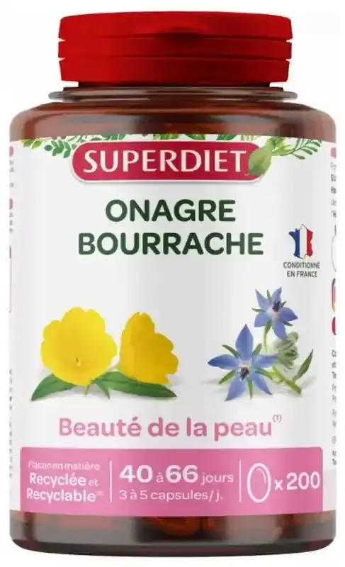 Superdiet Huiles Onagre et Bourrache – 200 Capsules