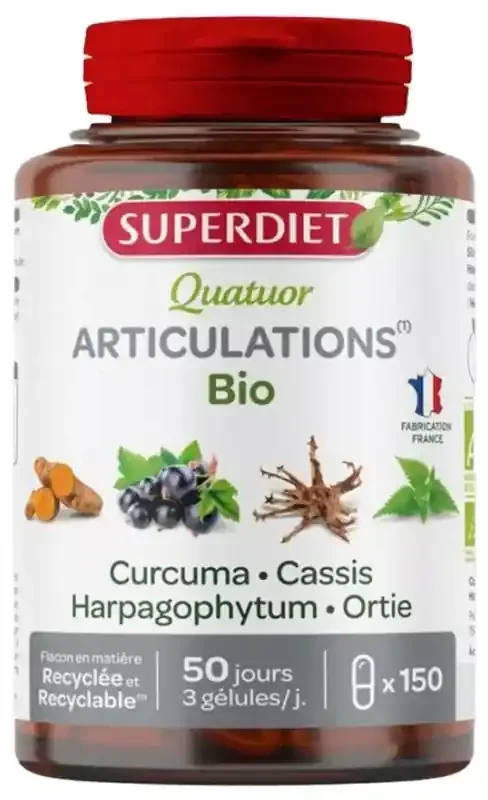 Superdiet Quatuor Curcuma Articulations Bio Curcuma Cassis Harpagophytum Ortie – 150 Gélules