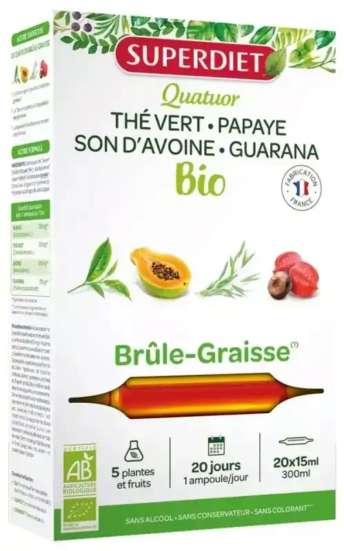 Superdiet Quatuor Guarana Brûle-Graisse Bio Thé Vert Papaye Son d‘Avoine Guarana – 20 Ampoules de 15 ml