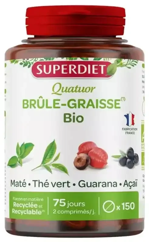 Superdiet Quatuor Mate Brûle-Graisse Bio Maté Guarana Thé Vert Acaï – 150 Comprimés