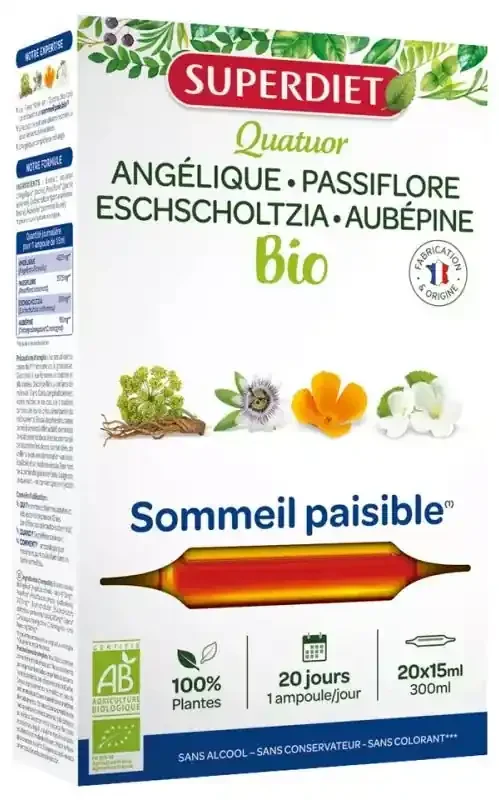 Superdiet Quatuor Passiflore Sommeil Paisible Bio Angélique Passiflore Eschscholtzia Aubépine – 20 Ampoules de 15 ml