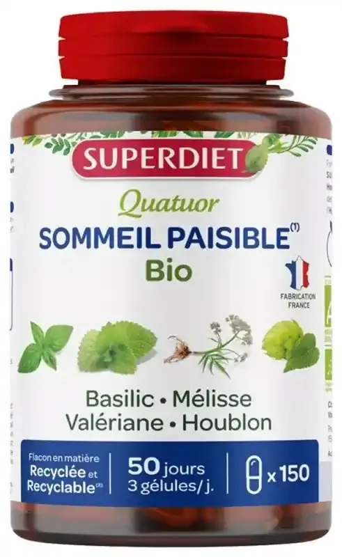 Superdiet Quatuor Sommeil Paisible Bio – Basilic Mélisse Valériane Houblon – 150 Gélules