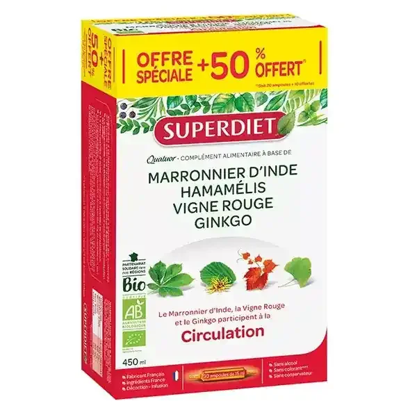 Superdiet Quatuor Vigne Rouge Circulation Bio Marronnier d‘Inde Hamamélis Vigne Rouge Ginkgo – 20 Ampoules de 15 ml