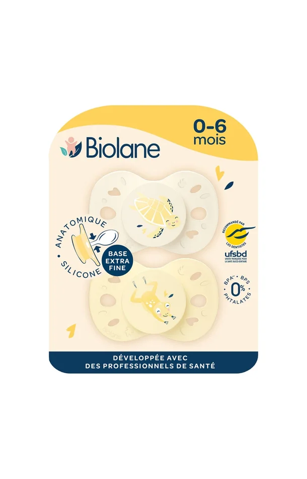 Tétines anatomiques – Animaux – 0 à 6 mois – Jaune & beige
