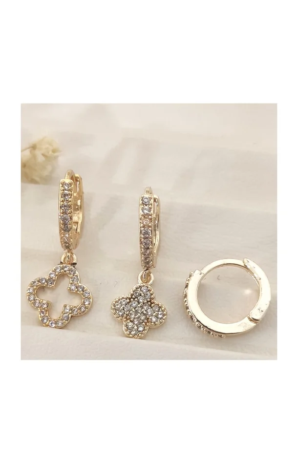 Trio boucles d’oreilles pendantes – Laiton plaqué or & zircon – Motif trèfles