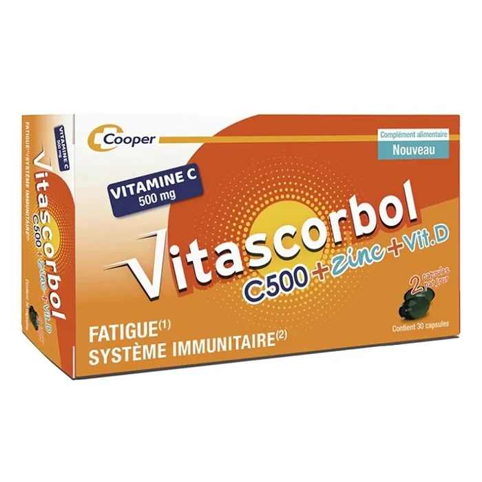 Vitascorbol C500 + Zinc + Vitamine D – Fatigue Système immunitaire – 30 Capsules